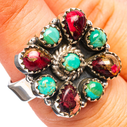 925 sterling silver ring with turquoise & red cabochon cluster settings
