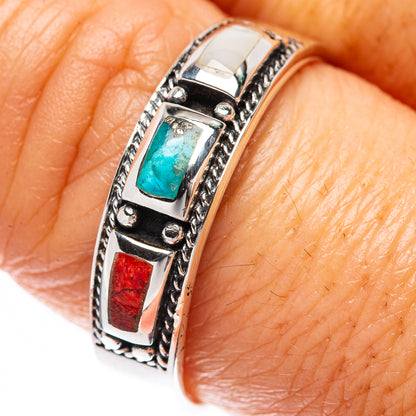 Sterling silver ring with turquoise and red inset stones, size 9.5