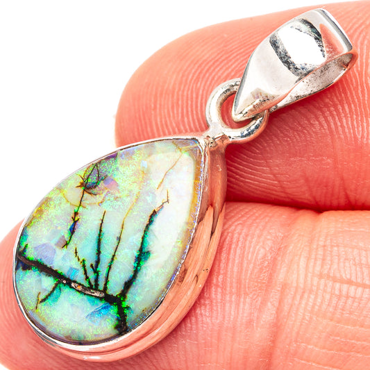 Sterling silver opal pendant with teardrop opal and open bail, iridescent blue-green