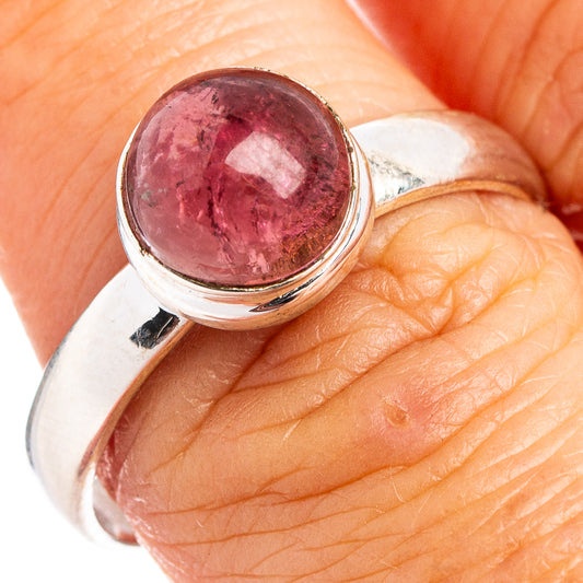 Pink tourmaline gemstone sterling silver ring, round faceted top