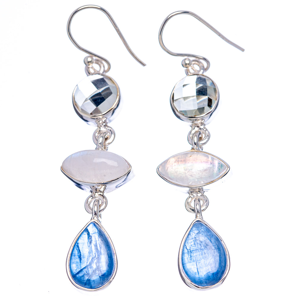 Premium Kyanite, Rainbow Moonstone, White Quartz Earrings 2 1/8" (.925 Sterling Silver)