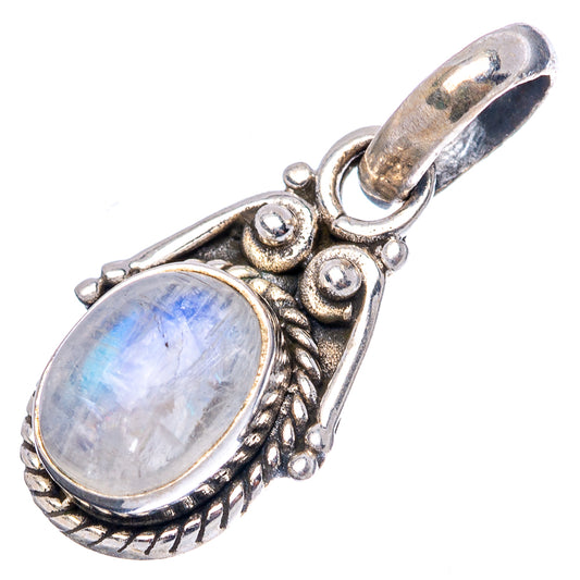 Sterling silver moonstone pendant, side view with blue iridescent oval stone