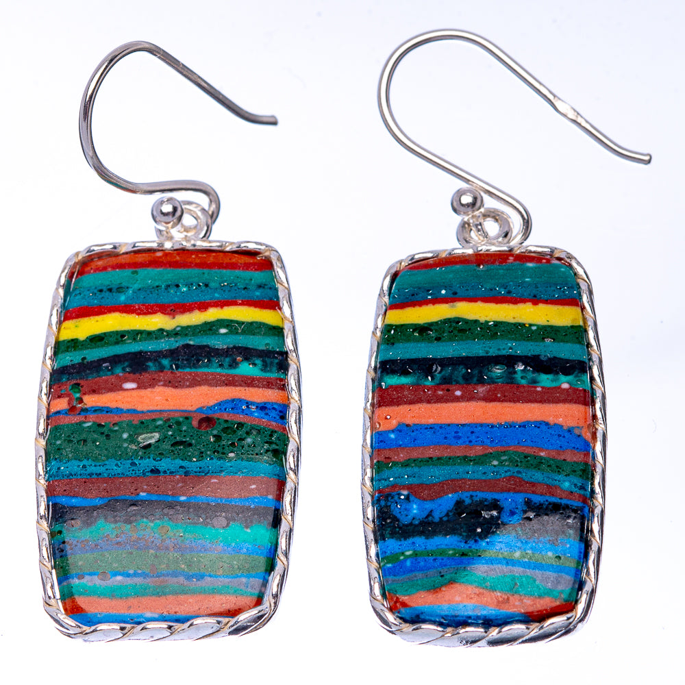 Sterling silver fishhook earrings with rainbow striped rectangular calsilica stone