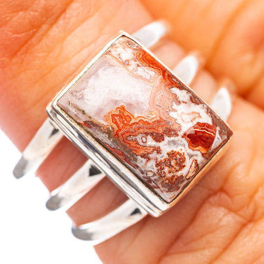 Sterling silver ring with rectangular rosetta jasper cabochon, orange and gray web pattern