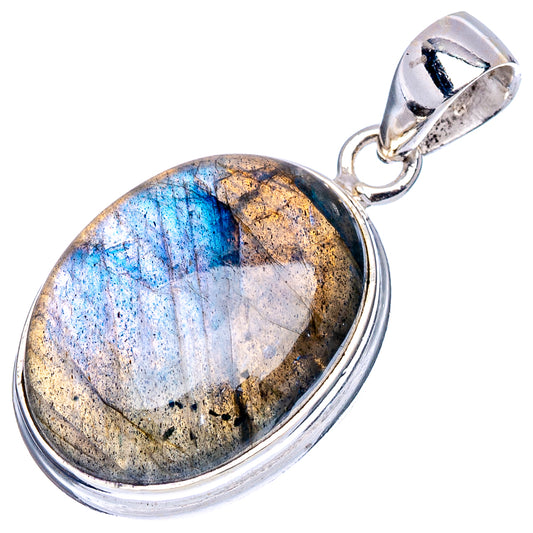 Oval labradorite pendant in .925 sterling silver with mottled blue and gold stone.