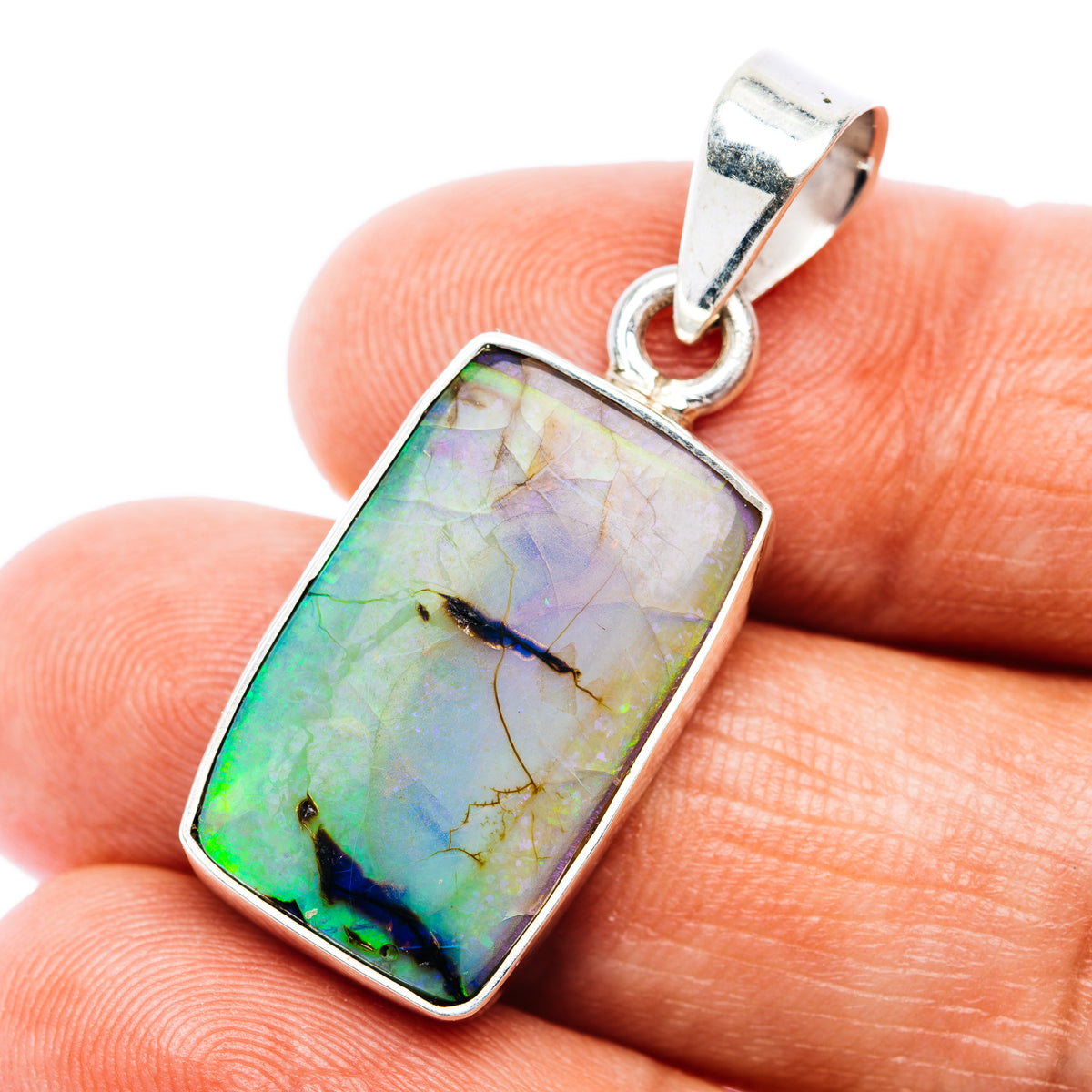 Sterling silver opal pendant with rectangular bezel, green-blue iridescent opal center