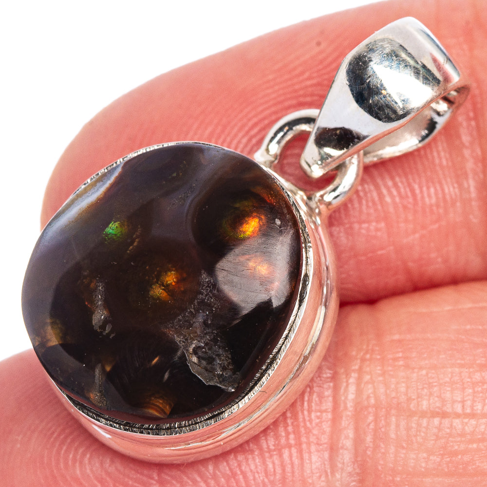 Oval fire agate pendant in 925 sterling silver bezel, dark stone with orange glow