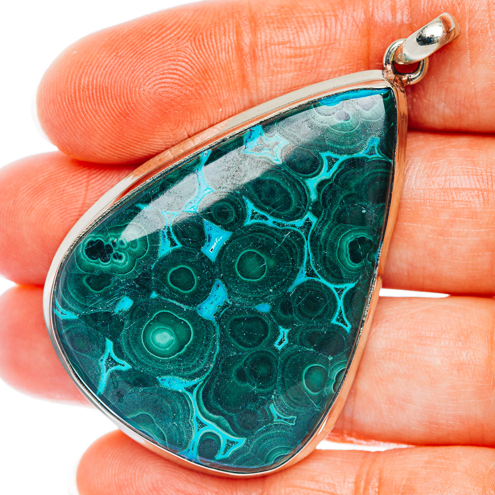 Teardrop malachite-chrysocolla pendant, German silver bezel and bail