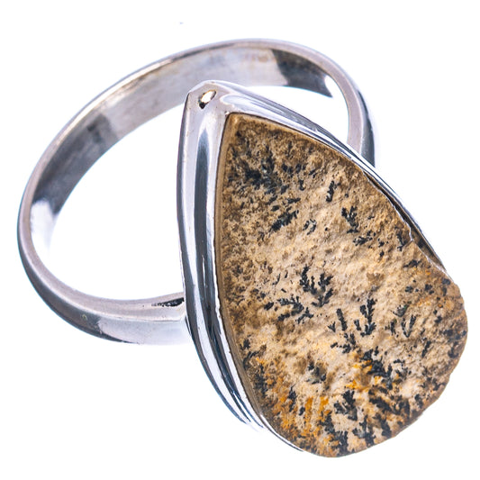 Sterling silver ring with teardrop psilomelane dendrite cabochon, side view