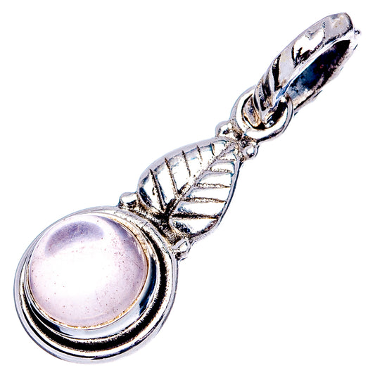 Rose quartz pendant in .925 sterling silver, round pale stone with leaf-like filigree