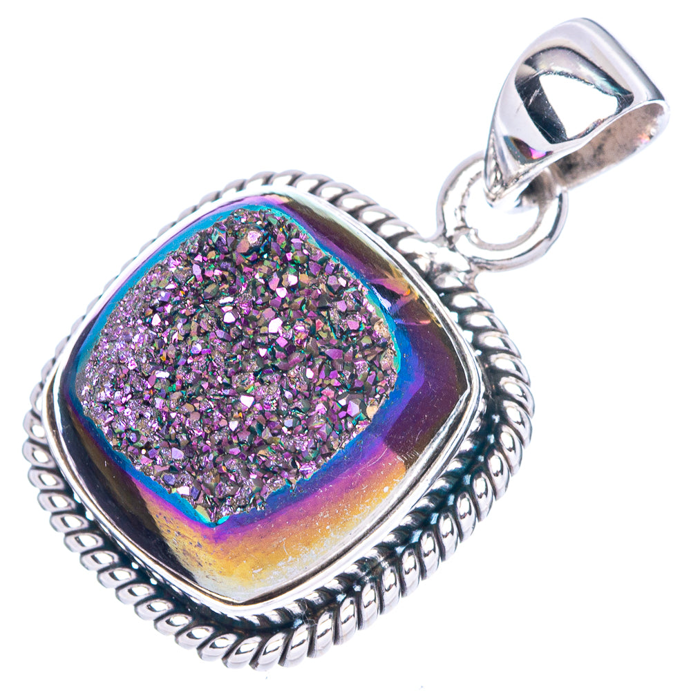 925 sterling silver oval druzy pendant with rope edge, iridescent purple glitter, loop bail
