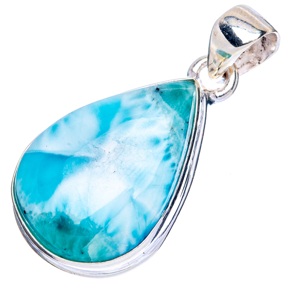 Larimar teardrop pendant, sterling silver loop bail; bright blue marbled stone