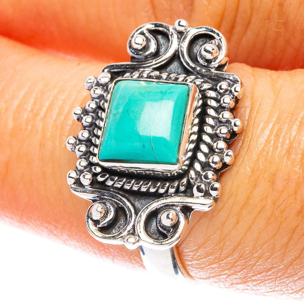 Turquoise square stone dainty sterling silver ring with ornate scroll setting