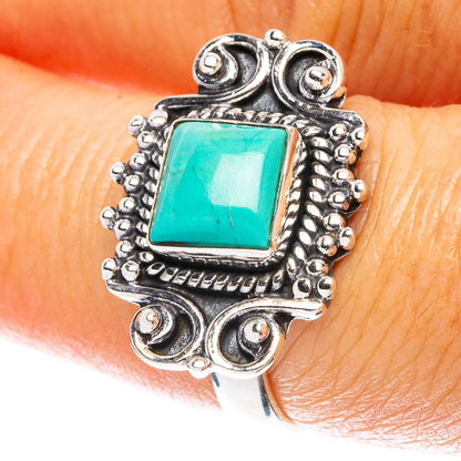 Turquoise square stone dainty sterling silver ring with ornate scroll setting