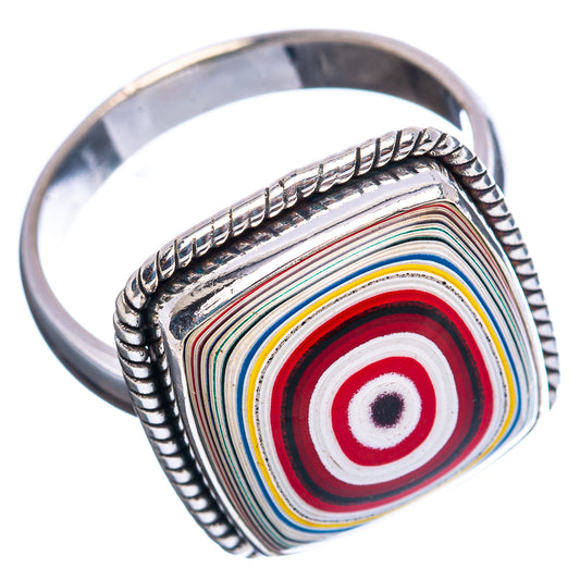 Sterling silver ring with square fordite cabochon concentric target design and beaded bezel