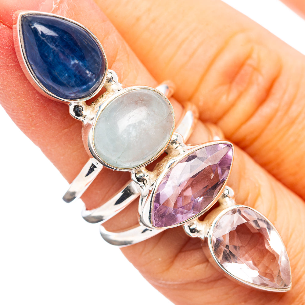 Premium 4-Gem Kyanite, Aquamarine, Amethyst, Pink Amethyst Ring Size 5.75 (.925 Sterling Silver)