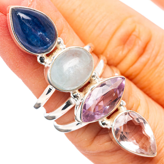 Sterling silver gemstone ring with blue, milky white, purple, and pink pear stones