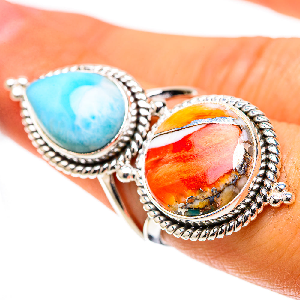 925 sterling silver ring with oval Larimar turquoise and spiny oyster orange cabochons