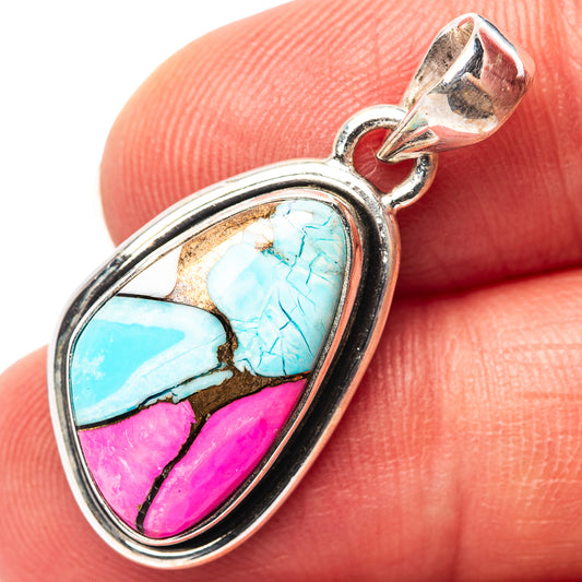 Turquoise and pink stone pendant in .925 sterling silver bezel setting, teardrop