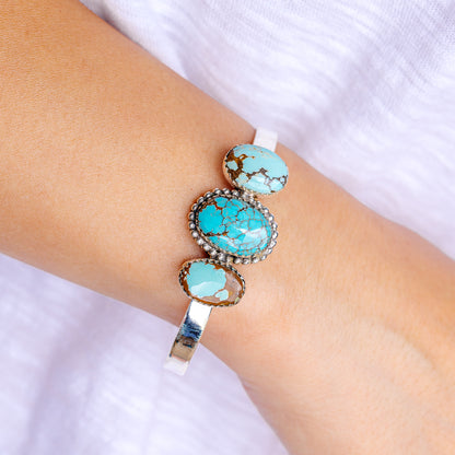 Number 8 Mine Turquoise Cuff Bracelet Adjustable (.925 Sterling Silver)