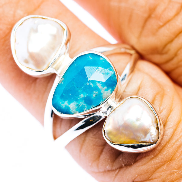 Faceted Apatite, Baroque Pearl Ring Size 8 (.925 Sterling Silver)
