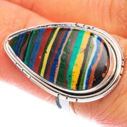 925 sterling silver oval rainbow calsilica ring with striped stone, size 6.25