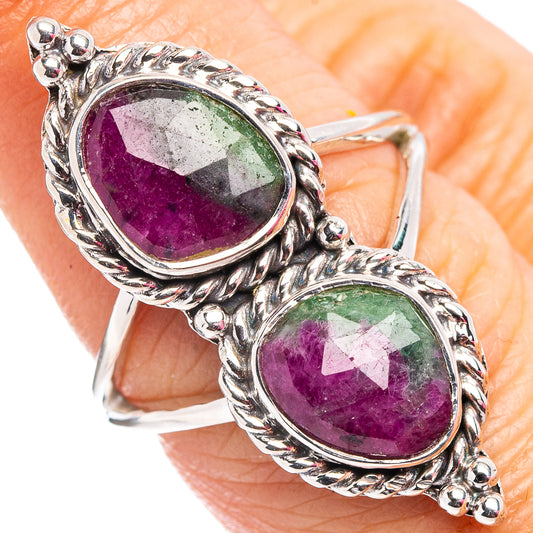 Sterling silver ring with two oval ruby zoisite stones in ornate bezel setting