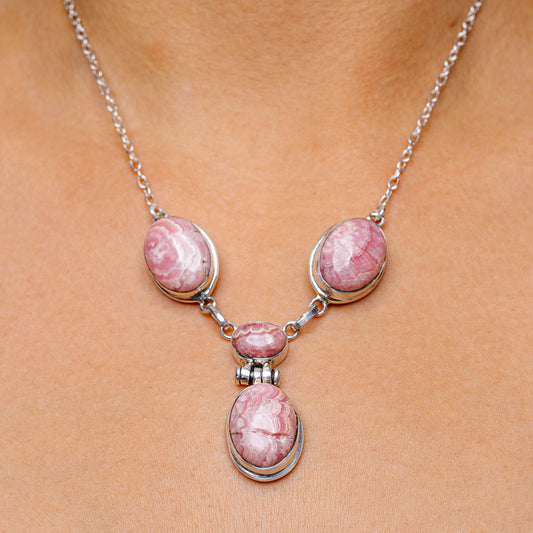 Rhodochrosite pendant necklace with three oval pink stones in .925 sterling silver setting