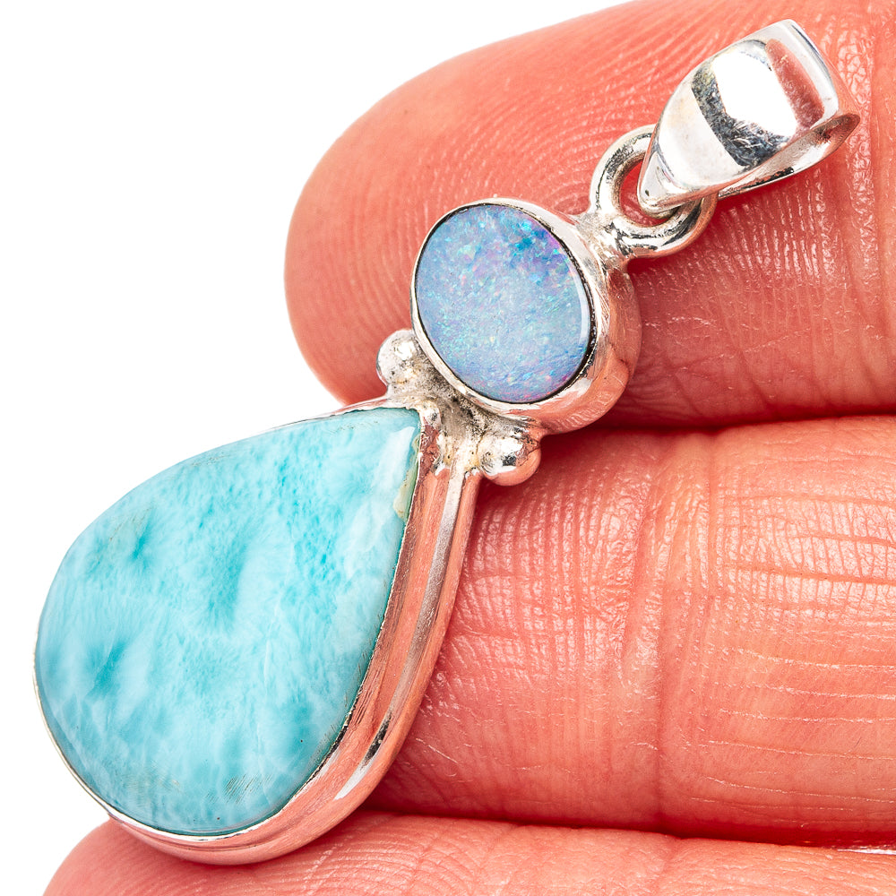 Sterling silver pendant with round blue opal and teardrop turquoise doublet