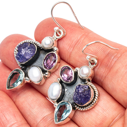 Premium Tanzanite, Blue Topaz, Amethyst, Cultured Pearl Earrings 1 3/4" (925 Sterling Silver) E1598