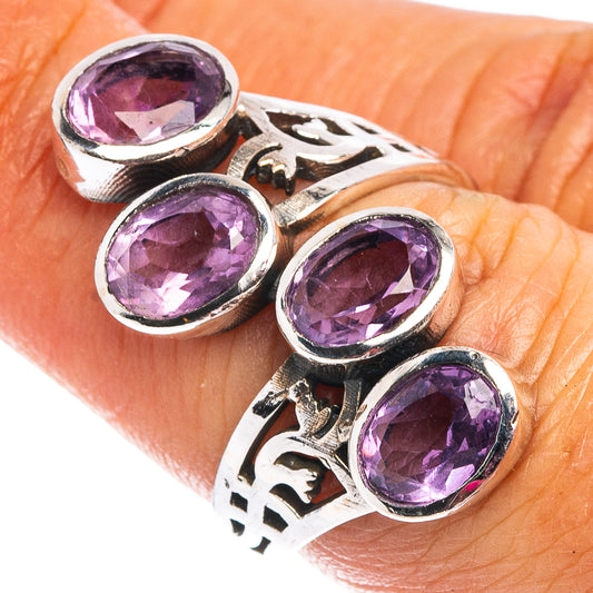 Faceted amethyst cabochon ring, oval stones on .925 sterling silver with carved metalwork