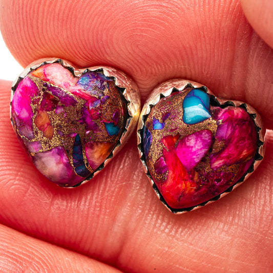 Sterling silver heart stud earrings with magenta, purple, gold, and blue resin