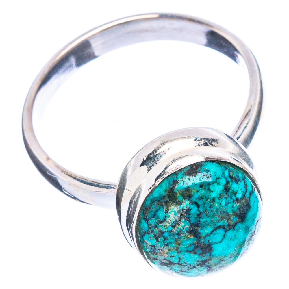 Round turquoise spiderweb cabochon ring with polished sterling band, side view