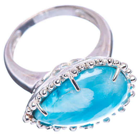 Sterling silver Larimar oval gemstone ring with raised bezel and small bead border