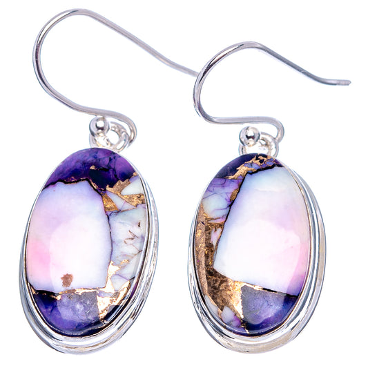 Sterling silver oval dangle earrings with purple and white gemstone cabochons