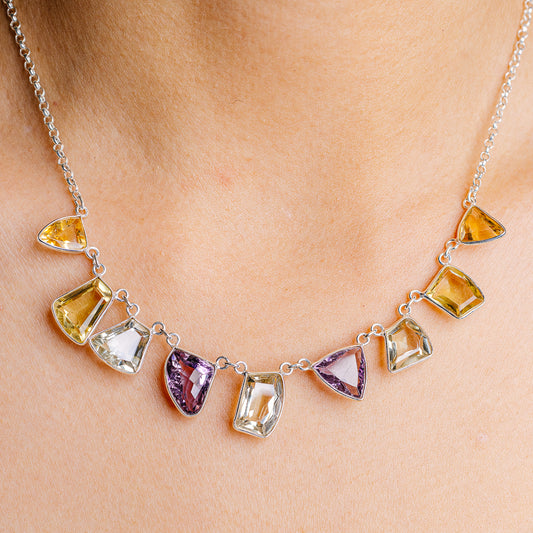 Sterling silver gemstone charm necklace with faceted purple, yellow, and clear stones