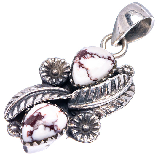 Sterling silver wild horse jasper pendant with marbled white oval stones and sunburst leaf engraving