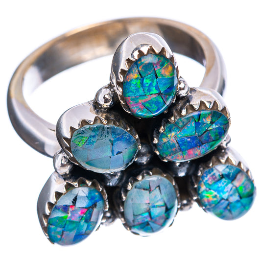 Sterling silver adjustable opal ring with six oval rainbow blue-green stones, pronged setting