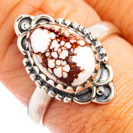 Sterling silver jasper ring with oval marbled brown-and-white cabochon, size 8 close-up