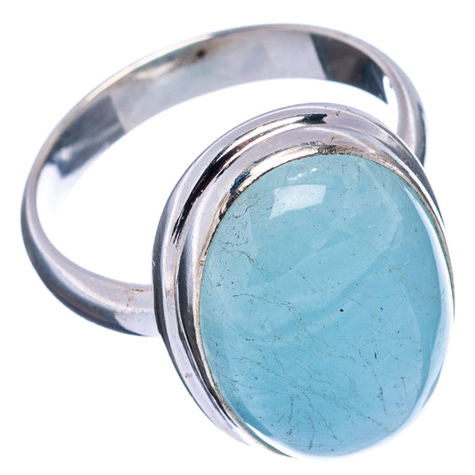 Aquamarine oval gemstone ring with polished sterling silver band, size 8