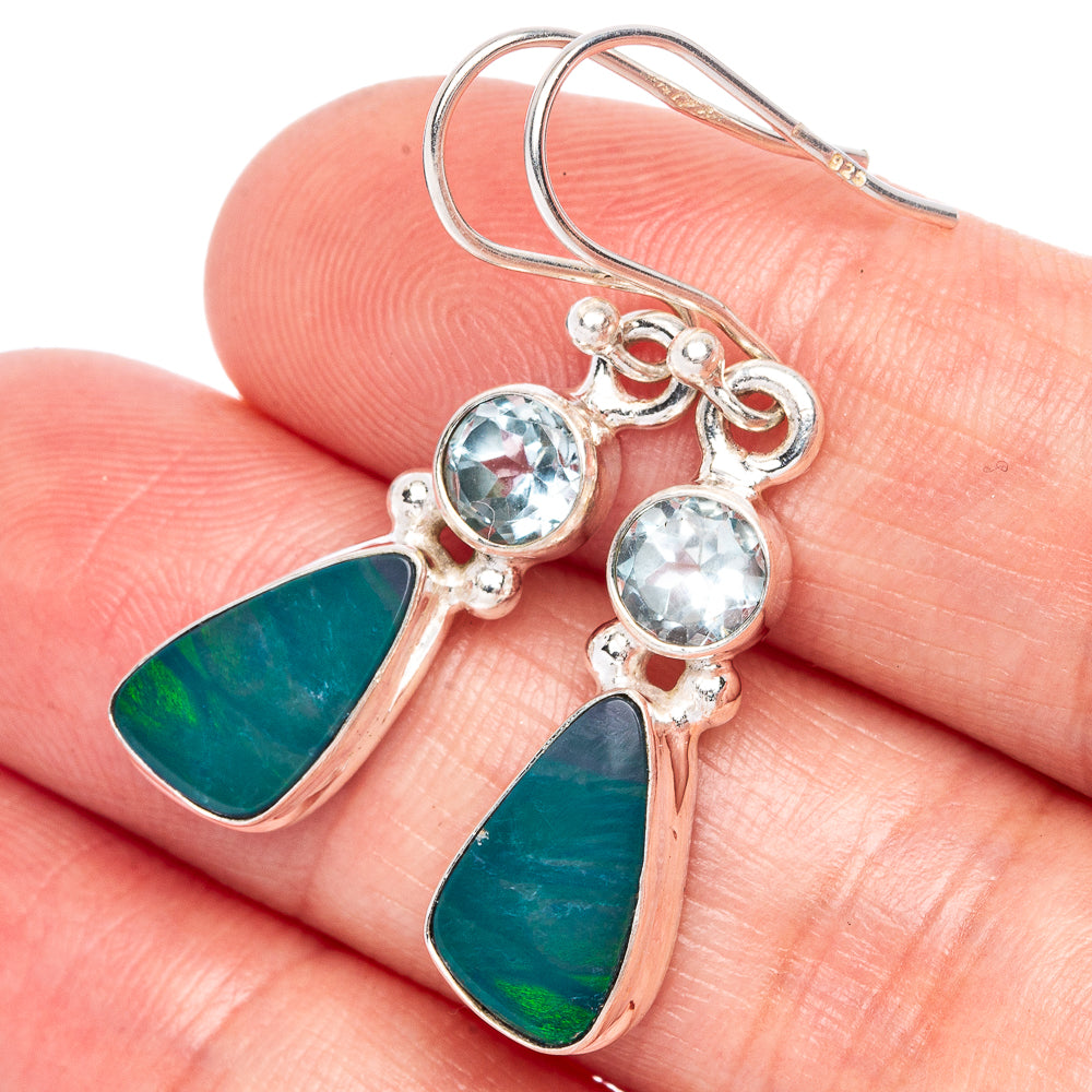 Australian Opal, Blue Topaz Earrings 1 3/8" (925 Sterling Silver) E433253
