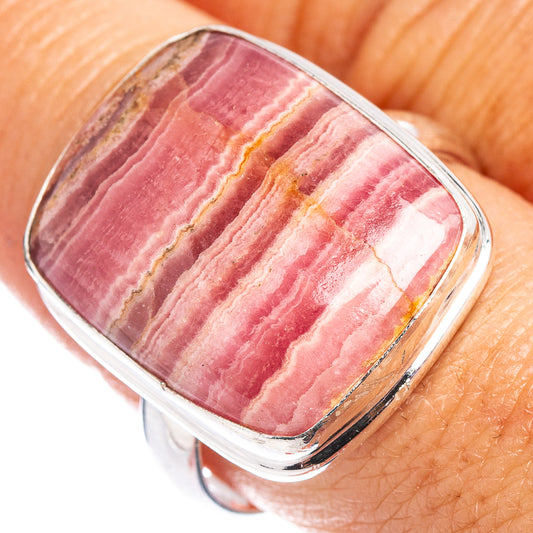 Sterling silver ring with pink rhodochrosite cabochon, rectangular bezel detail