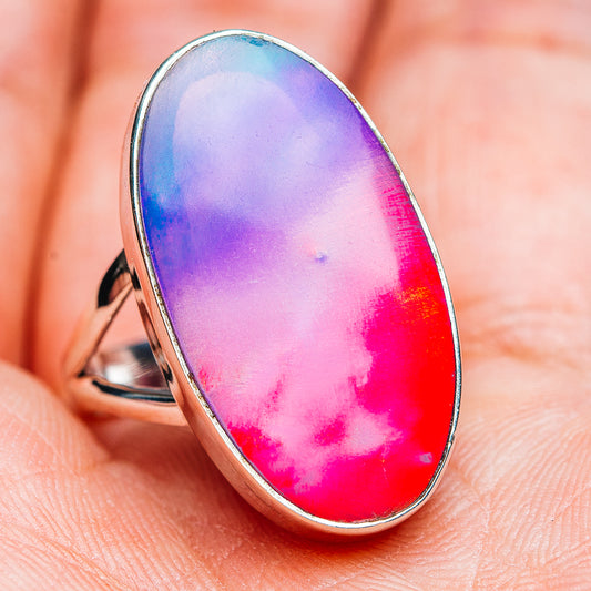 Pink-purple aurora opal cabochon sterling silver ring, size 7.5, oval bezel setting