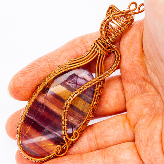 Banded Fluorite Wire Wrap Pendant 3 5/8" (Copper)