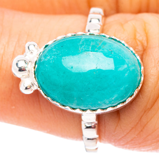 Oval turquoise amazonite stone sterling silver ring, size 6.75, beaded open band