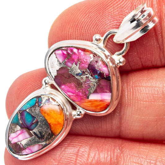 Sterling silver pendant with oval pink and turquoise cabochon gemstones and bail
