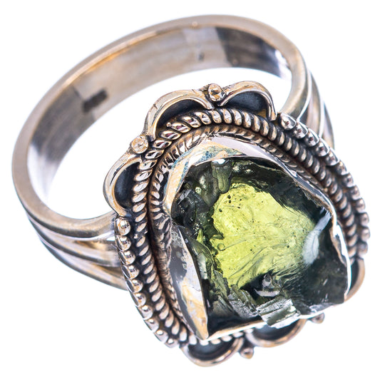 Moldavite ring in .925 sterling silver with green faceted oval stone and braided bezel