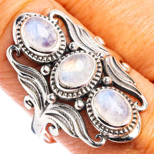 Sterling silver moonstone ring with oval cabochon stones, rainbow style, size 10