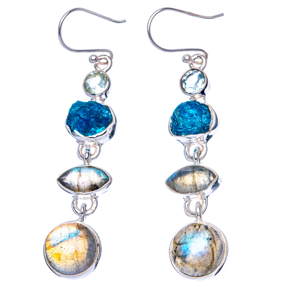 Labradorite, Apatite, Blue Topaz Earrings 2 1/4" (925 Sterling Silver) E1588