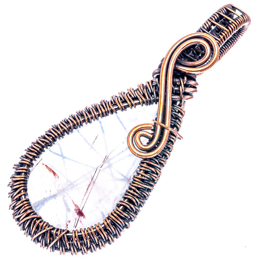 Rutilated quartz teardrop pendant with oxidized copper wire wrap and loop bail